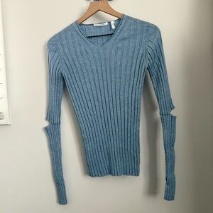 Helmut Lang Medium Cut Out Elbow Rib Top Long Sleeve Wool Blue Fitted